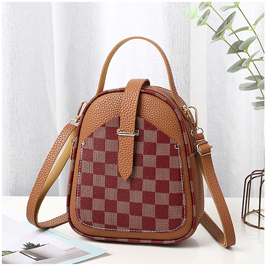 KW80829 Women's Checker Sling Bag Brown Brown Square